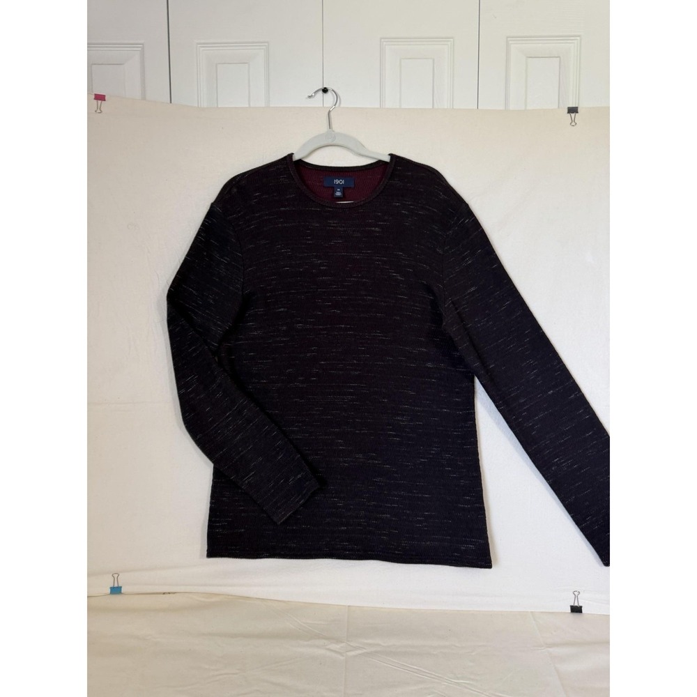 1901 Top Womens M Black Maroon Long Sleeve Waffle Knit Crew Neck T Shirt